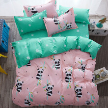 Комплект постельного белья с изображением панды зеленый с розовым Panda (полуторный) (код товара: 44660)