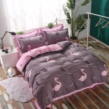 Уценка (дефекты)! Комплект постельного белья с растительным принтом и изображением фламинго розовый с серым Flamingo (двуспальный-евро) (код товара: 46557)