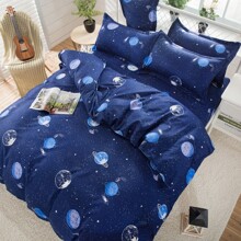 Комплект постельного белья с космическим принтом синий Планеты (двуспальный-евро) (код товара: 47528)