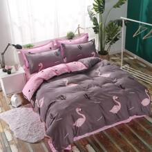 Комплект постельного белья с растительным принтом и изображением фламинго розовый с серым Flamingo (двуспальный-евро) оптом (код товара: 48507)