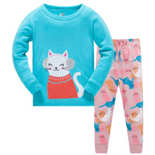 Пижама для девочки с длинным рукавом принтом кота голубая с розовым Модный котенок (код товара: 50639)