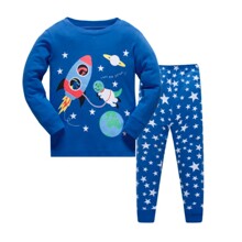 Пижама для мальчика с длинным рукавом принтом космос синяя Динозавры космонавты оптом (код товара: 50641)
