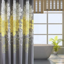 Штора для ванной с цветочным принтом серая Желтые и белые цветы 180 х 180 см оптом (код товара: 51964)