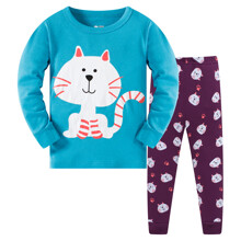 Пижама детская с длинным рукавом принтом кота голубая с фиолетовым Полосатый котик (код товара: 52912)