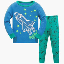 Піжама для хлопчика з довгим рукавом принтом космос блакитна із зеленим Зоряний шатл оптом (код товара: 52927)