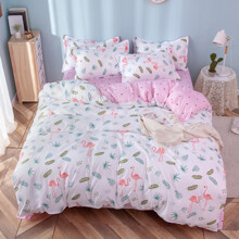 Комплект постельного белья с растительным принтом и изображением фламинго белый с розовым Flamingos and leaves (двуспальный-евро) оптом (код товара: 53268)