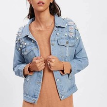 Куртка жіноча джинсова з декором із бусин Pearl оптом (код товара: 55385)