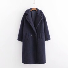 Пальто женское из искусственного меха однотонное синее Style оптом (код товара: 55539)