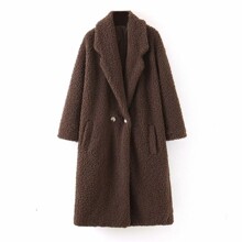 Пальто жіноче зі штучного хутра однотонне коричневе Bushy оптом (код товара: 55609)