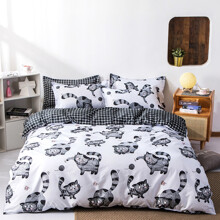 Комплект постельного белья в клетку с изображением кота черный с белым Drawn cats (двуспальный-евро) (код товара: 55754)