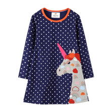 Плаття для дівчинки з довгим рукавом в горох із зображенням єдинорога синє Rainbow Unicorn (код товара: 55951)