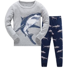 Пижама для мальчика с длинным рукавом принтом акулы серая с синим Big shark оптом (код товара: 57191)