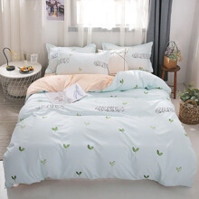 Комплект постельного белья с растительным принтом и рисунком сердце персиковый с голубым Love Green (двуспальный-евро) оптом (код товара: 57634)