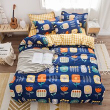 Комплект постельного белья в клетку с цветочным принтом синий с желтым Big flowers (двуспальный-евро) (код товара: 57653)