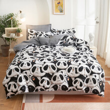 Комплект постельного белья в клетку с изображением панды черный с белым Cute panda (двуспальный-евро) (код товара: 57620)