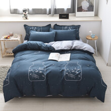 Комплект постельного белья в клетку с космическим принтом синий Galaxy (двуспальный-евро) (код товара: 57622)