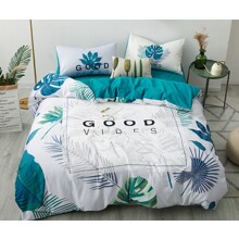 Комплект постельного белья с растительным принтом белый с бирюзовым Good vibes (двуспальный-евро) оптом (код товара: 57993)