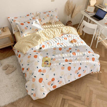 Комплект постельного белья в клетку с растительным принтом  белый с желтым Orange apples (двуспальный-евро) (код товара: 57953)
