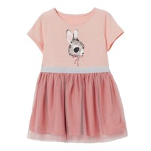 Плаття для дівчинки з коротким рукавом та принтом зайця персикове Cute rabbit оптом (код товара: 58753)