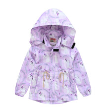 Куртка-вітрівка для дівчинки з кишенями, знімним капюшоном та принтом єдинорога фіолетова White unicorn оптом (код товара: 58982)