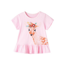 Футболка для девочки с рюшами и рисунком оленя розовая Deer оптом (код товара: 59149)