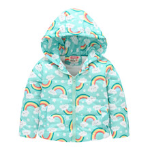 Куртка для дівчинки демісезонна з капюшоном, кишенями та зображанням веселки бірюзова Sky оптом (код товара: 59281)