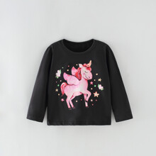 Лонгслив для девочки с рисунком единорог черный Pink unicorn оптом (код товара: 59200)