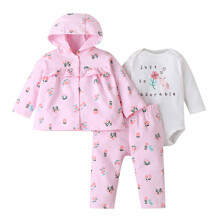 Комплект для девочки 3 в 1: боди c длинным рукавом, штаны и кофта с капюшоном на кнопках с цветочным принтом розовый Flower field оптом (код товара: 59338)