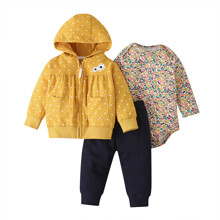Комплект для девочки 3 в 1: боди с цветочным принтом, штаны и кофта с капюшоном на молнии в горох Flower оптом (код товара: 59334)