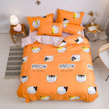 Комплект постельного белья с принтом сердце и изображением кота оранжевый Meow (двуспальный-евро) (код товара: 59398)