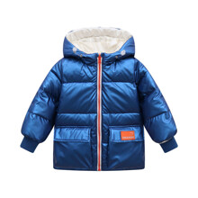 Куртка-пуховик детская двусторонняя на молнии с капюшоном синяя с белым Chic оптом (код товара: 59368)