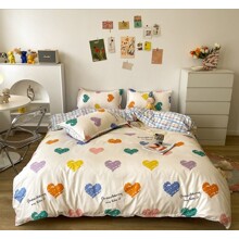 Комплект постельного белья в клетку с принтом сердце Multicolored hearts (двуспальный-евро) (код товара: 59477)