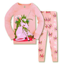 Пижама для девочки с длинным рукавом принтом единорога персиковая Vacation unicorn оптом (код товара: 59407)