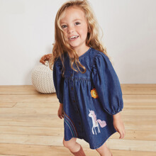 Плаття для дівчинки джинсове з довгим рукавом на ґудзиках та зображенням єдинорога синє Sunny unicorn оптом (код товара: 59544)