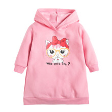 Плаття для дівчинки утеплене з довгим рукавом, капюшоном і зображенням кота рожеве Who are you оптом (код товара: 59575)