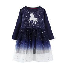 Плаття для дівчинки з довгим рукавом і зображенням єдинорога і зірок синє Star unicorn оптом (код товара: 59522)