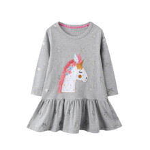 Плаття для дівчинки з довгим рукавом і зображенням єдинорога і зірок сіре Unicorn with flowers (код товара: 59524)