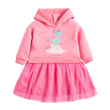 Платье для девочки утепленное с капюшоном, длинным рукавом и изображением динозавров розовое Twice Cute (код товара: 59543)
