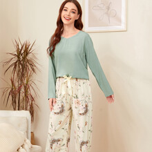 Комплект жіночий домашній 2 в 1: лонгслів та штани з квітковим принтом Tenderness (код товара: 59680)