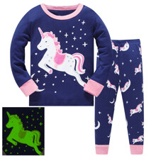 Пижама для девочки с длинным рукавом люминесцентная принтом единорога синяя Moon unicorn оптом (код товара: 59664)