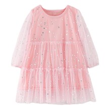 Плаття для дівчинки з довгим рукавом, сітчастим верхом та зображенням зірок рожеве Star оптом (код товара: 59926)