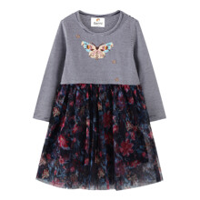 Плаття для дівчинки з довгим рукавом у смужку та зображенням метелика та квітів синє Butterfly оптом (код товара: 59956)