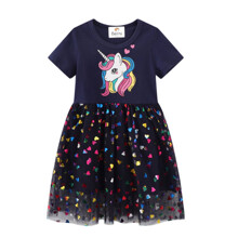 Плаття для дівчинки з коротким рукавом і зображенням єдинорога і сердець синє Heart unicorn оптом (код товара: 59953)