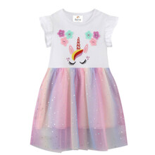Плаття для дівчинки з коротким рукавом та зображенням єдинорога з квітами біле з рожевим Unicorn оптом (код товара: 59952)