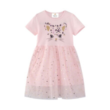 Платье для девочки с коротким рукавом и изображением кота розовое Cat оптом (код товара: 59960)