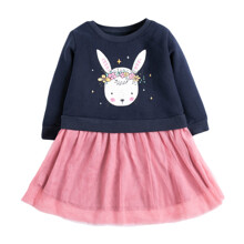 Плаття для дівчинки утеплене з довгим рукавом та зображенням зайця синє з рожевим Bunny (код товара: 60014)