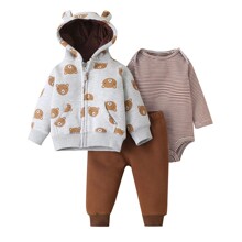 Комплект детский 3 в 1: боди с длинным рукавом в полоску, штаны и кофта с капюшоном на флисовой подкладке Bears оптом (код товара: 60159)