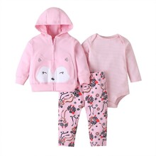 Комплект для девочки 3 в 1: боди c длинным рукавом в полоску, штаны и кофта с капюшоном на молнии розовый Fox оптом (код товара: 60161)