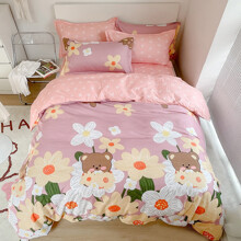 Комплект постельного белья с цветочным принтом розовый Teddy bears in flowers (двуспальный-евро) оптом (код товара: 60176)