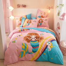 Комплект постельного белья с изображением русолочки розовый с голубым Mermaid (полуторный) оптом (код товара: 60199)